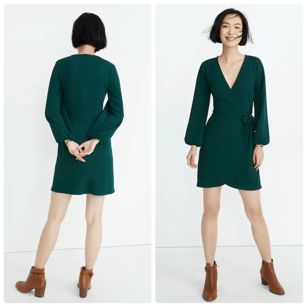 Madewell Texture & Thread Long-Sleeve Side-Tie Wrap Dress Size Small Green NEW